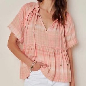 Anthropologie Plaid Cotton Tie Front Babydoll Top